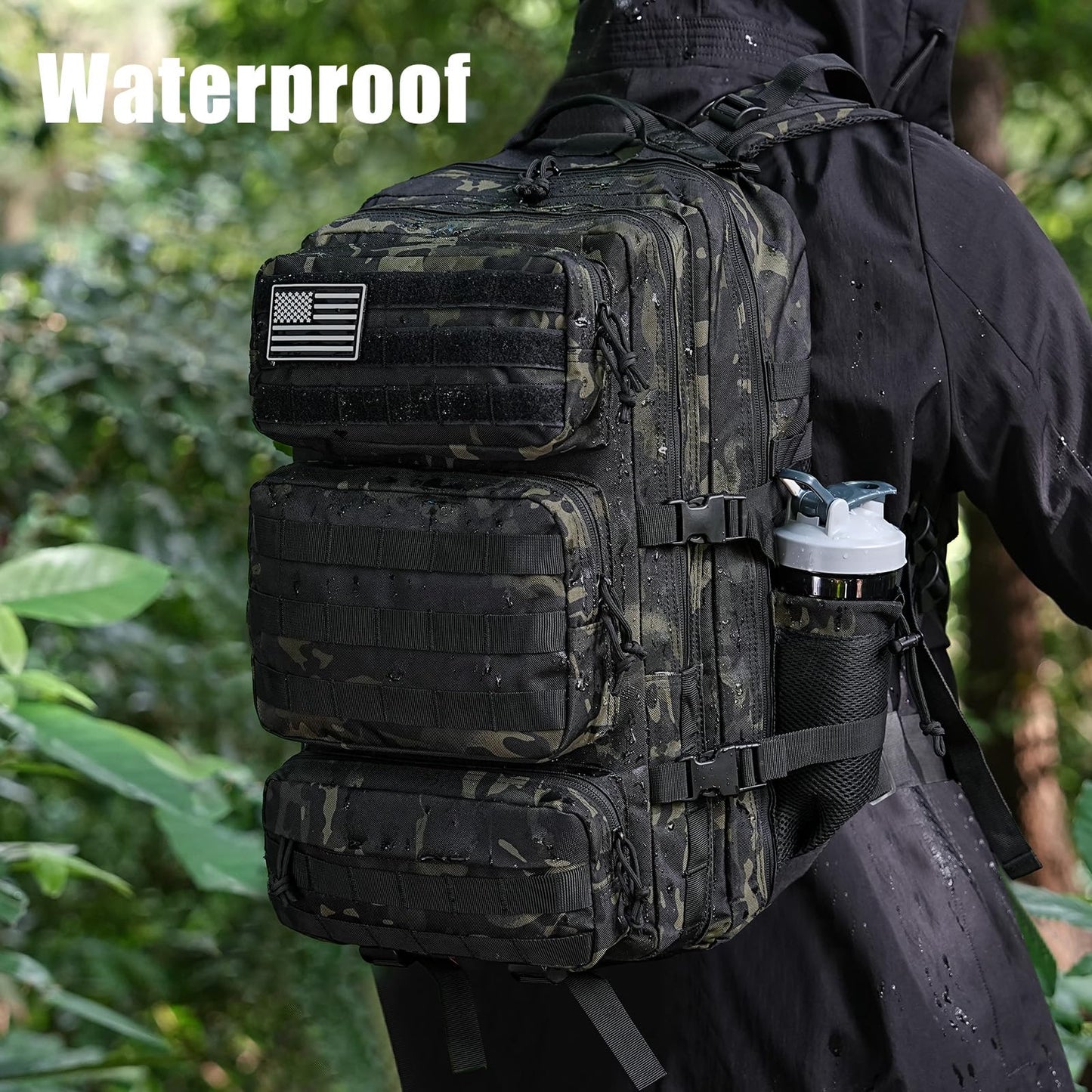 kookoomia Military Tactical Backpack 25L Day Backpack for Men Molle Army 3 Days Assault Pack Bug Out Bag Water Resistant and Heavy Duty Hiking Treeking Rucksack - Black Camo