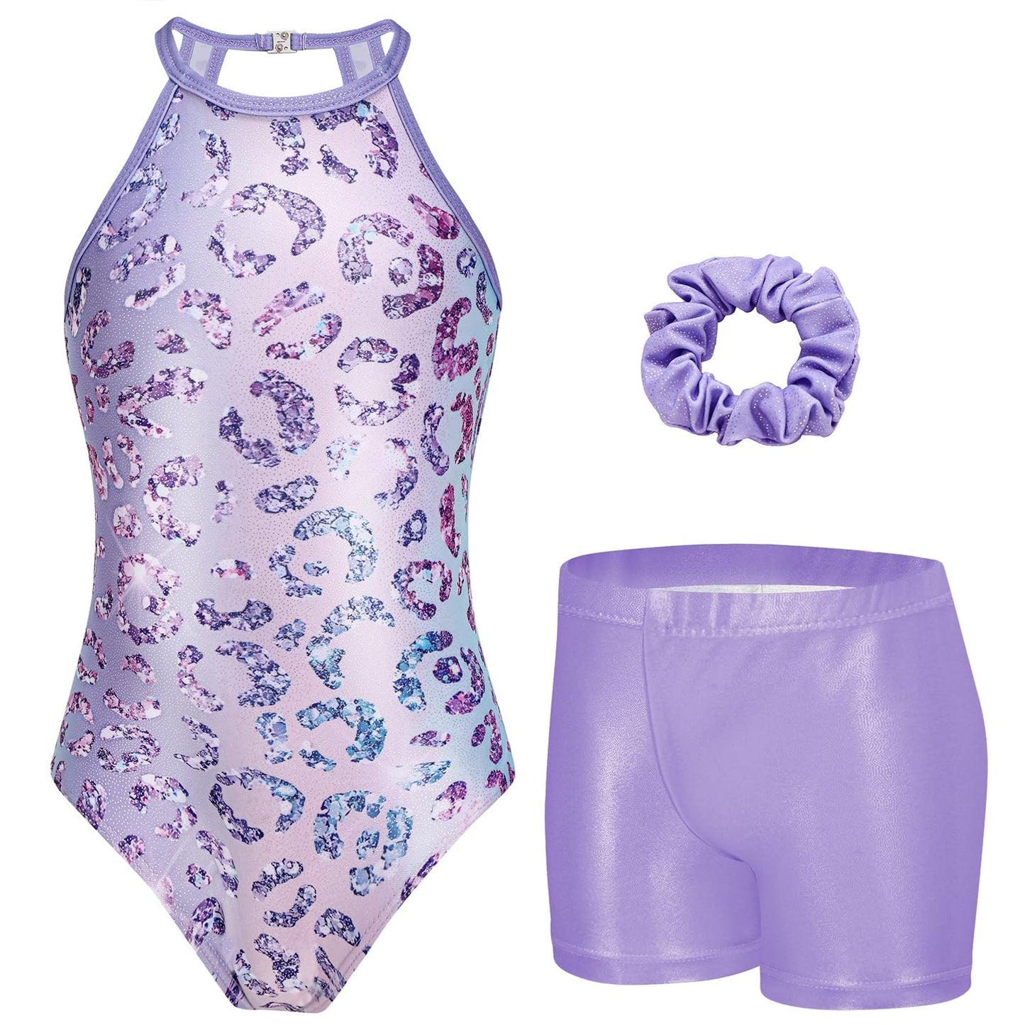 Zaclotre Leotards for Girls Sparkly Sleeveless Toddler Dance Leotard Gymnastics Outfit with Shorts Purple Leopard 3-4Y