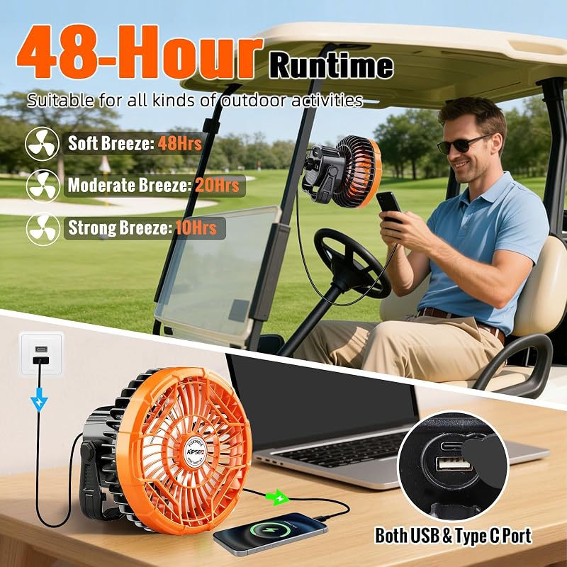 AIPSET Magnetic Golf Cart Fan 48 Hrs Runtime, 10400mAh, LED Lights, Universal Fit 1