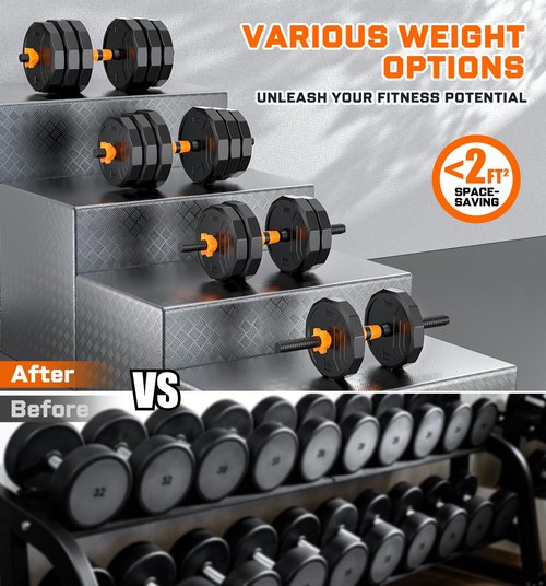 5-in-1 Adjustable Dumbbells, 88lbs Free Weights Set with Connector, Used as Kettlebells, Barbell, Push up Stand, Standard 1" Plates, Fitness Exercises for Home Gym Suitable Women/Men
