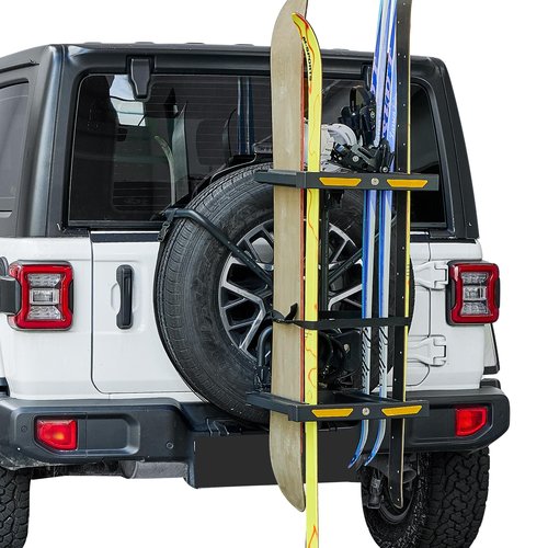 JOYTUTUS Spare Tire Ski Snowboard Rack with Security Lock Folding for Wrangler Gladiator Bronco SUV, Max Load 6 Pairs of Skis or 4 Snowboards, Fit 31.5"-32.5" Spare Tire