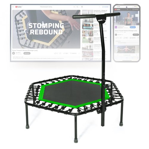 SportPlus Indoor Trampoline, Blue/Green/Red, Rebounder Home Fitness Trampoline with Height Adjustable Bar