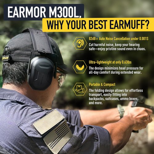 EARMOR OFFICIAL Shooting Ear Protection Earmuffs for Gun Range, NRR 27dB Noise Cancelling Hearing Protection Ear Muffs with Low-Profile Earcups, Compact Foldable for Shooting Hunting