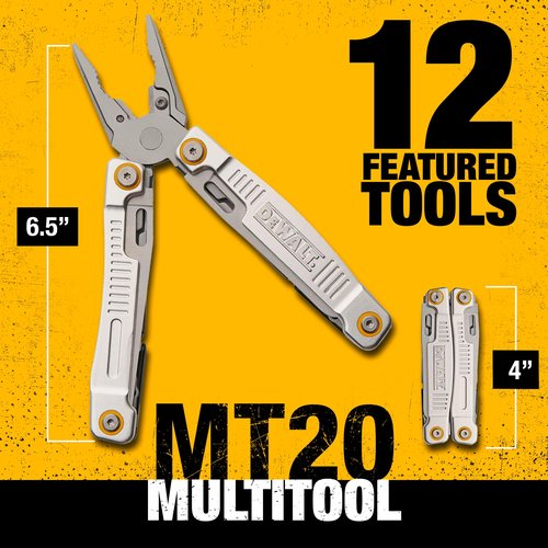DEWALT 12-in-1 Multi-Tool with Pliers, Knife, Saw, Screwdrivers, Bottle & Can Opener – Stainless Steel Folding Pocket Tool with Sheath & Belt Clip for Construction, Trades & Jobsite Use