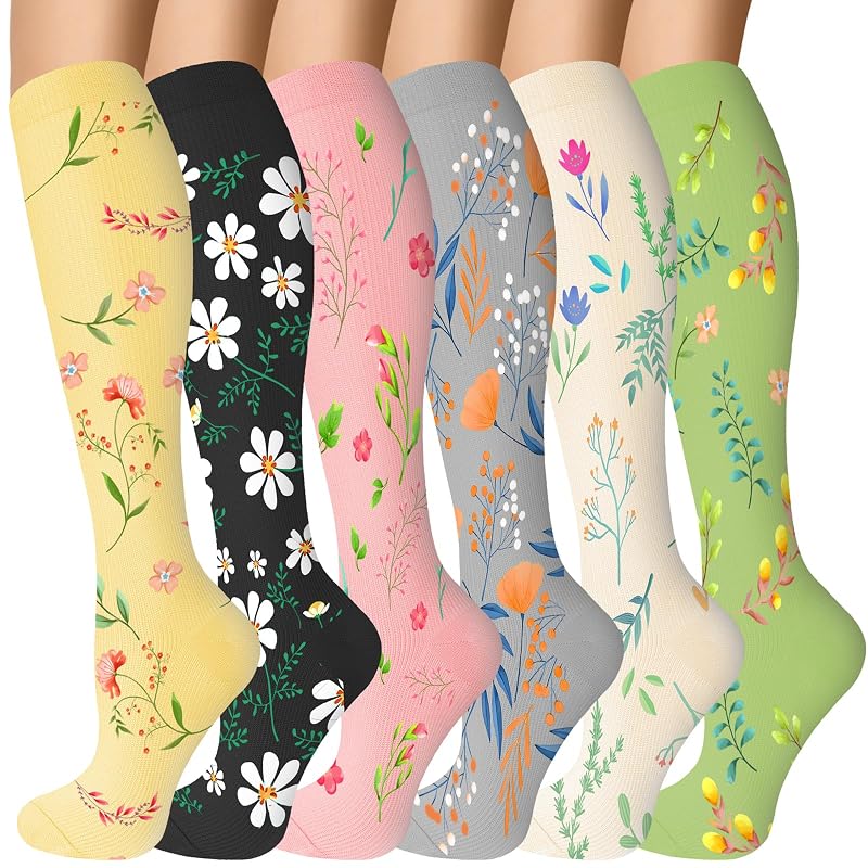 Knee High Compression Socks 20-30 mmHg Unisex Running Travel - Variation A-wflower Large-X-Large