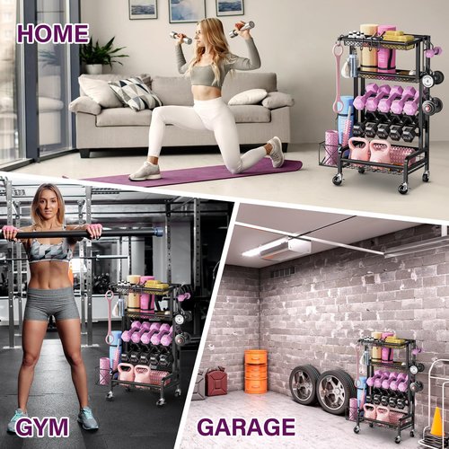 Dumbbell Rack, Weight Rack for Home Gym Storage Rack with Lockable Wheels & Hooks, Workout Equipment Storage for Yoga Mat Foam Roller Kettlebells Resistance Bands