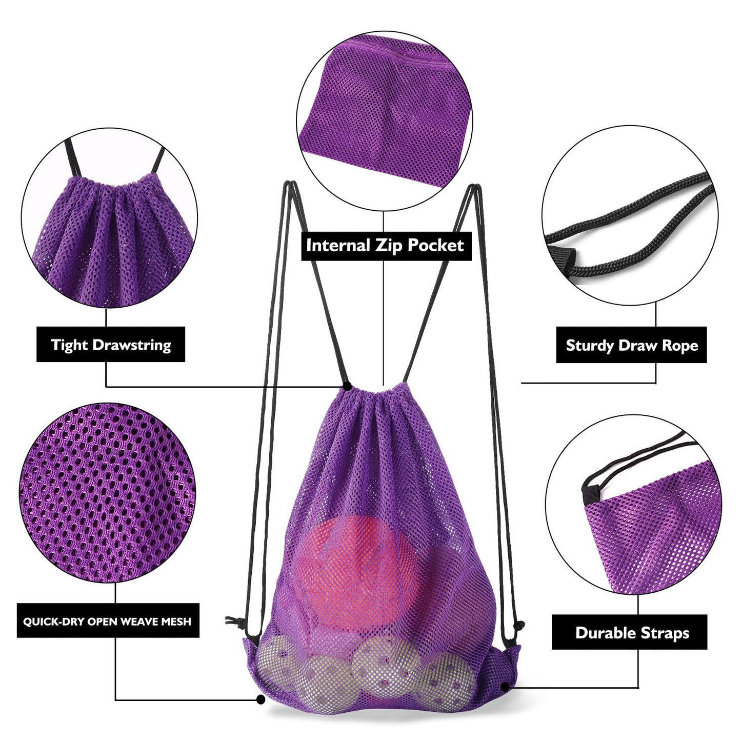 GSE Games & Sports Expert 19"x15" Purple Mesh Backpack Bag. Mesh Drawstring Sports Equipment Sackpack for Gym Gear, Swimming, Toys, Baseballs/Softballs, Pickleballs