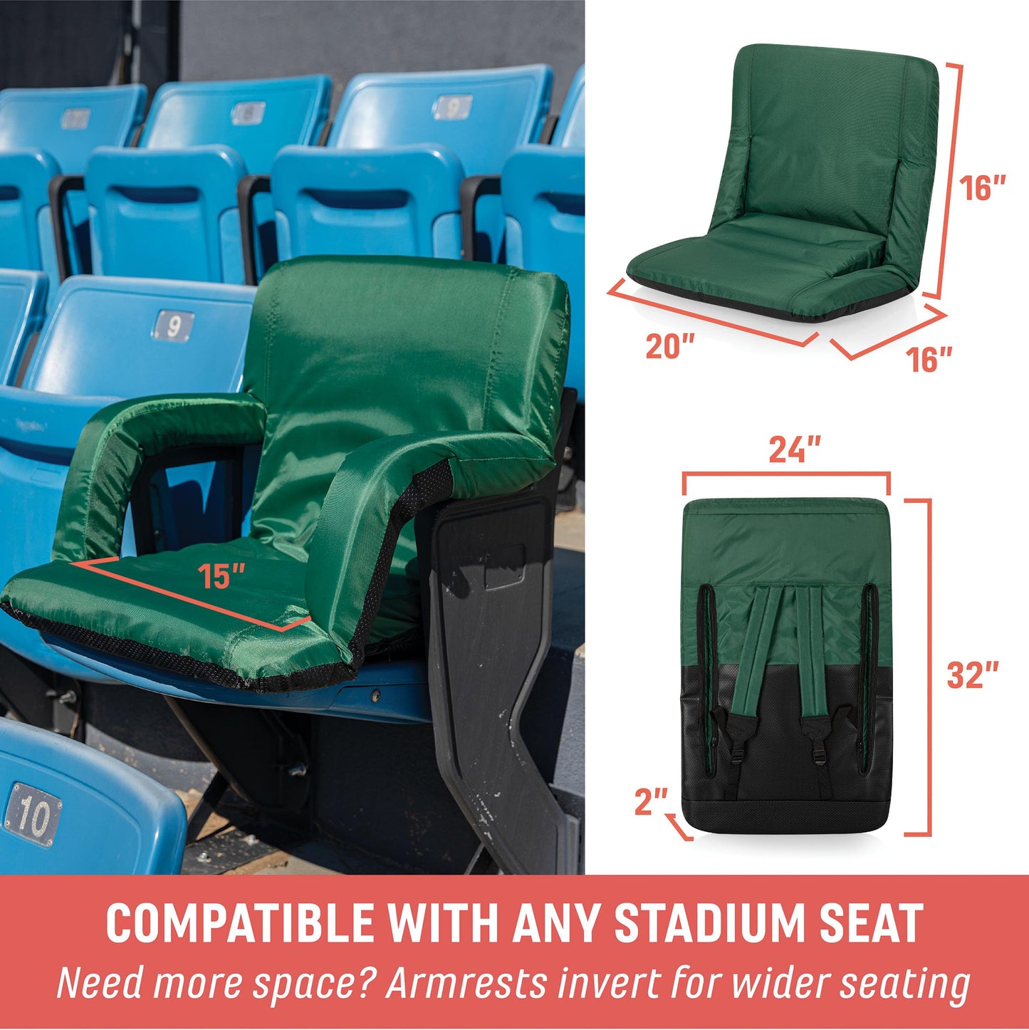PICNIC TIME Ventura Portable Reclining Stadium Seat with Back Support, Folding Bleacher Chairs with Back and Cushion, Thick Padded Stadium Seat and Armrest, and Six Backrest Positions, (Hunter Green)