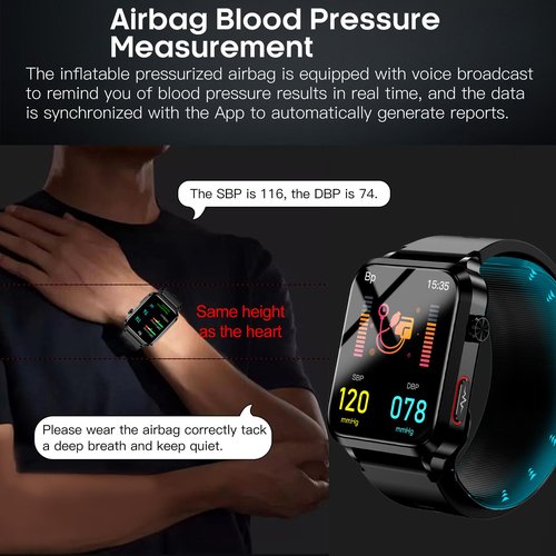 hellibito Blood Pressure Smart Watch, Air Bag Pump Cuff, 1.92" lPS Health Fitness Tracker,Heart Rate Blood Oxygen Sleep Monitor, Data Sharing Pedometer, Activity Tracker for Android iOS Men and Women