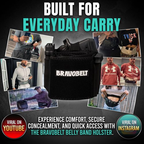 BRAVOBELT Belly Band Holster - Athletic Flex FIT for Running, Jogging, Hiking - G17-43 S&W M&P 40 Shield Bodyguard Kimber (Up to 44" Belly, Black)