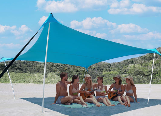 10×10ft UPF50+ Beach Tent Sun Shelter, Windproof Stable Outdoor Pop Up Beach Shade Canopy for Camping, Fishing, Backyard Fun or Picnics, 2 Poles