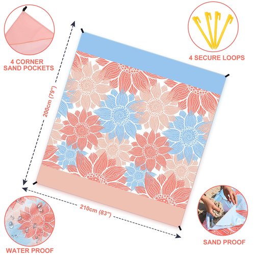 WIWIGO Beach Blanket Sandproof Extra Large Beach Mat Adults Waterproof Quick Drying Sand Free Mat Made by Premium Polyester with 4 Stakes & 4 Corner Pockets for Outdoor Travel Camping Hiking