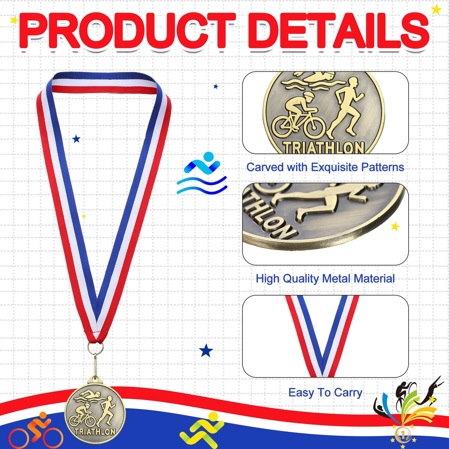 Remuuly 30 Pcs Gold Medals Bulk 2'' Basketball Soccer Baseball Volleyball Football Lacrosse Kickball Cheer Bowling Trophy Medals for Awards for Sports Participation Winner Gift (Gold,Triathlon)