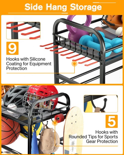 EXTCCT Garage Sports Equipment Organizer - Rolling Ball Storage Bin with Wheels, Garage Sports Gear Rack Outdoor Basketball Racks for Balls with Baseball Bat Holder and Hooks, Toy Organizer