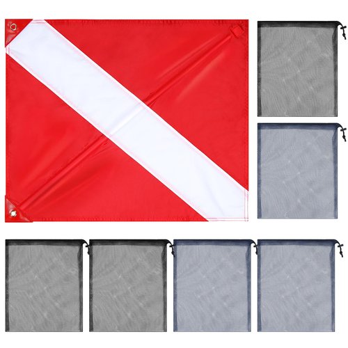 Hahafelt 6 Pcs Snorkel Gear Bag with 1 Pcs Diver Flag, 14x16 Inch Mesh Drawstring Bags Scalloping Bag, 20 x 24 Inch Diver Down Warning Flag Double Stitched Nylon for Scuba Spearfishing