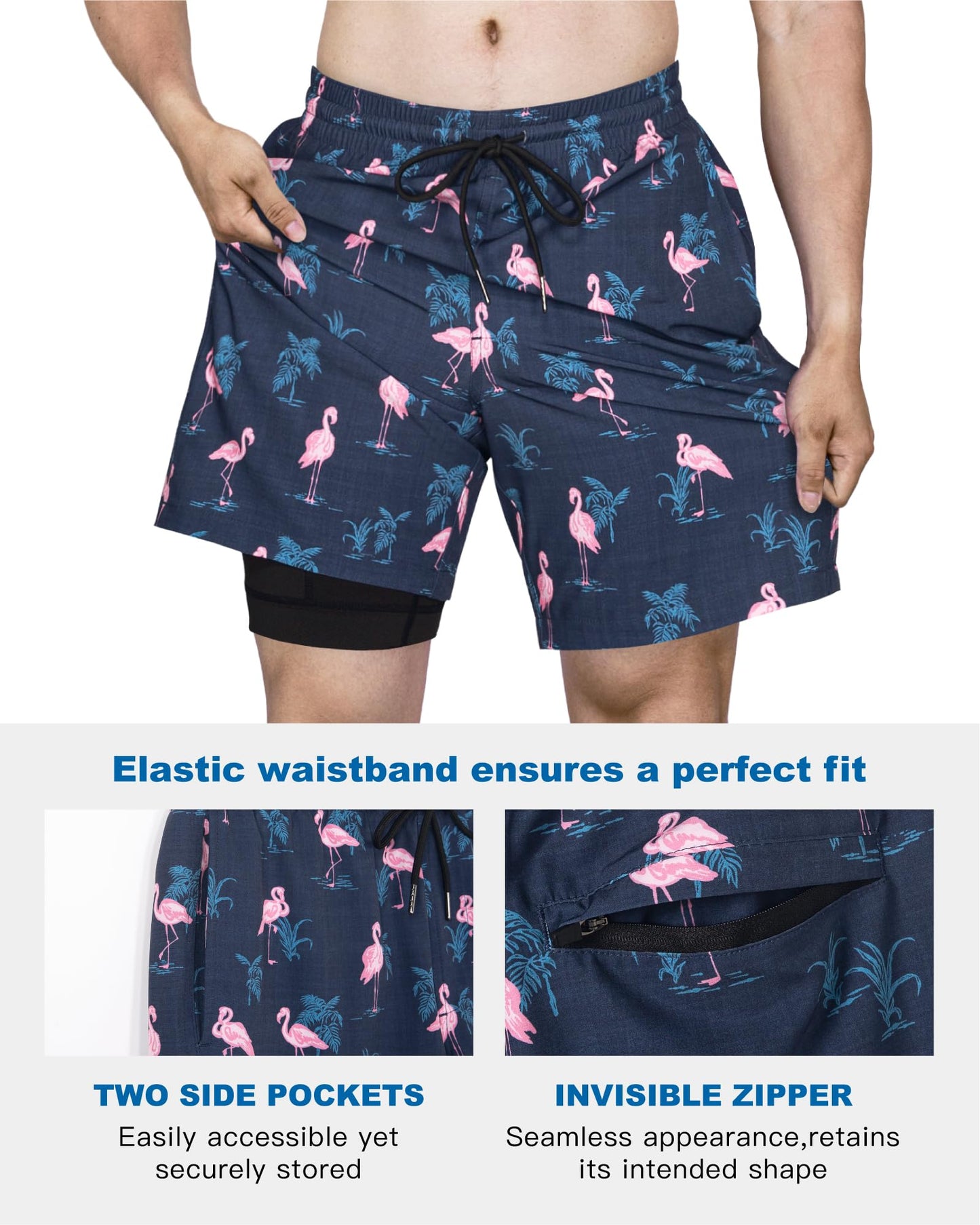 SURF CUZ Mens Swim Trunks with Compression Liner Quick Dry Swim Shorts 7" Swimming Trunks Stretch Bathing Suit 7 Inch,Flamingo-Black,L