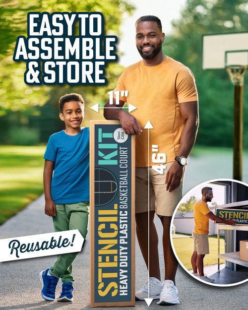 STENCILIT Basketball Court Stencil Kit for Concrete - Thick Plastic, Professional Kit for Driveway & Concrete, Reusable, Easy Assembly, Key & 3Point Lines Basketball Stencil