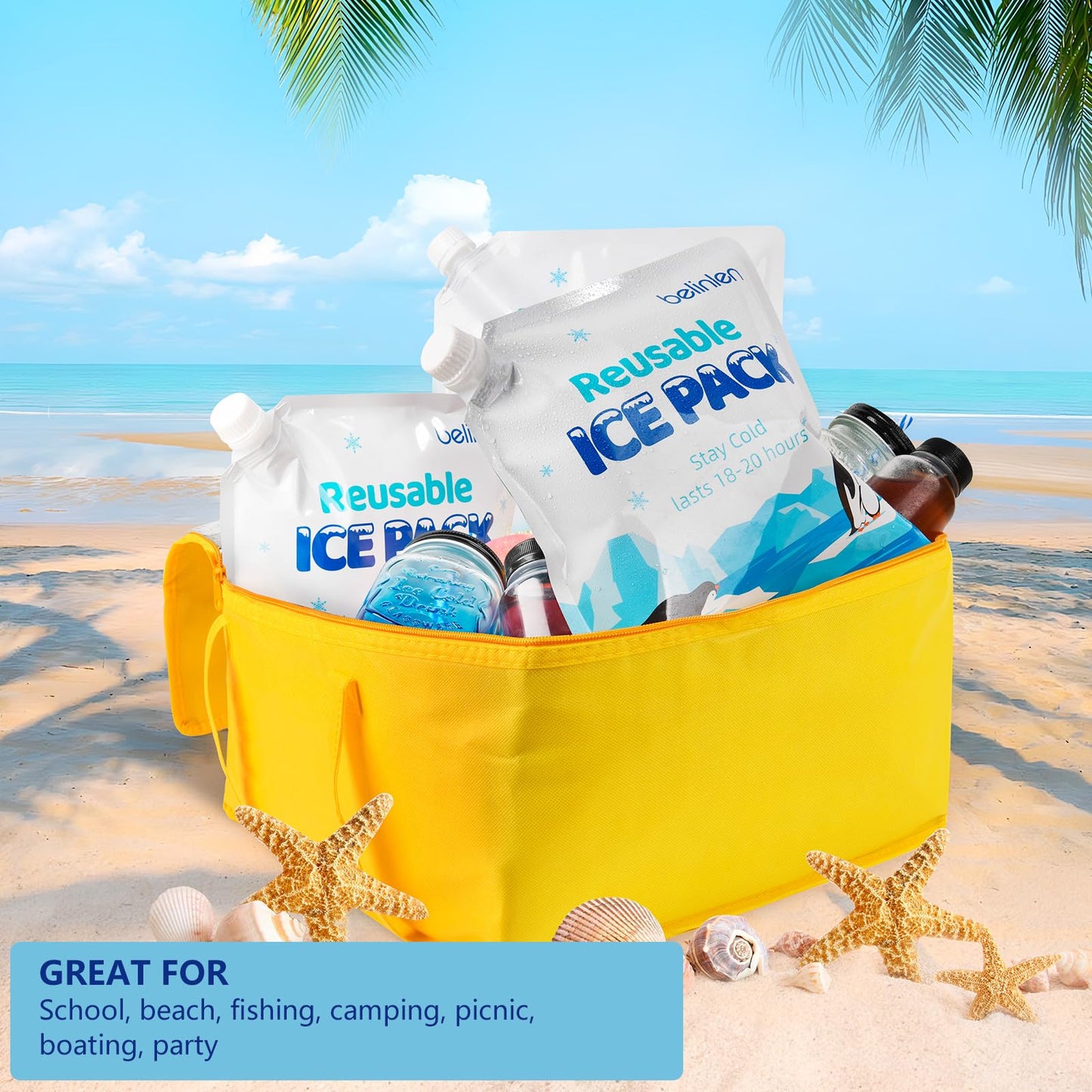 Belinlen 12 Pack 10x10 Inch Reusable Ice Packs for Cooler, Long Lasting Freezer Packs, Food Safe Flat Ice Packs for Cooler Bag, Lunch Box, Camping, Fishing, Beach, Picnic
