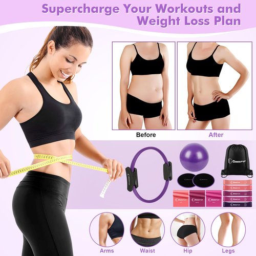 Goocrun Pilates Ring Set Exercise Equipment with Exercise Bands Resistance Bands Set, Pilates Ball, Sliding Disks – Workout Equipment Home Gym Includes Complete Fitness Poster (Purple)