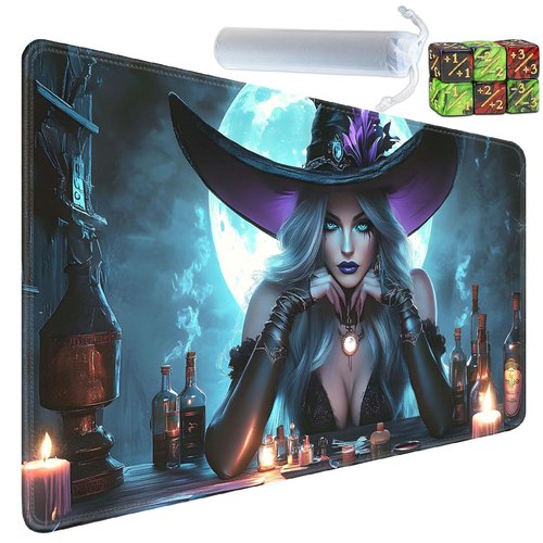 Yuxcfhjfe Playmat for MTG, 24x14 Inches, for TCG and CCG Trading Card Game Mat, Non-Slip Rubber for MTG Playmats with Storage Bag and 6 Dice Set, Witch Under The Moonlight