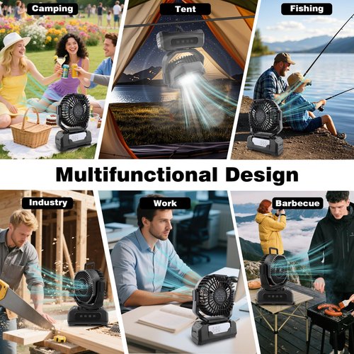Roykaw Camping Fan 20800mAh Rechargeable Battery Powered Fan for 60 Hrs Cooling, Oscillating Fan with Battery Level Display, Colorful LED Lights & Timer Function, Fit for Fishing/Tent/Office, Black