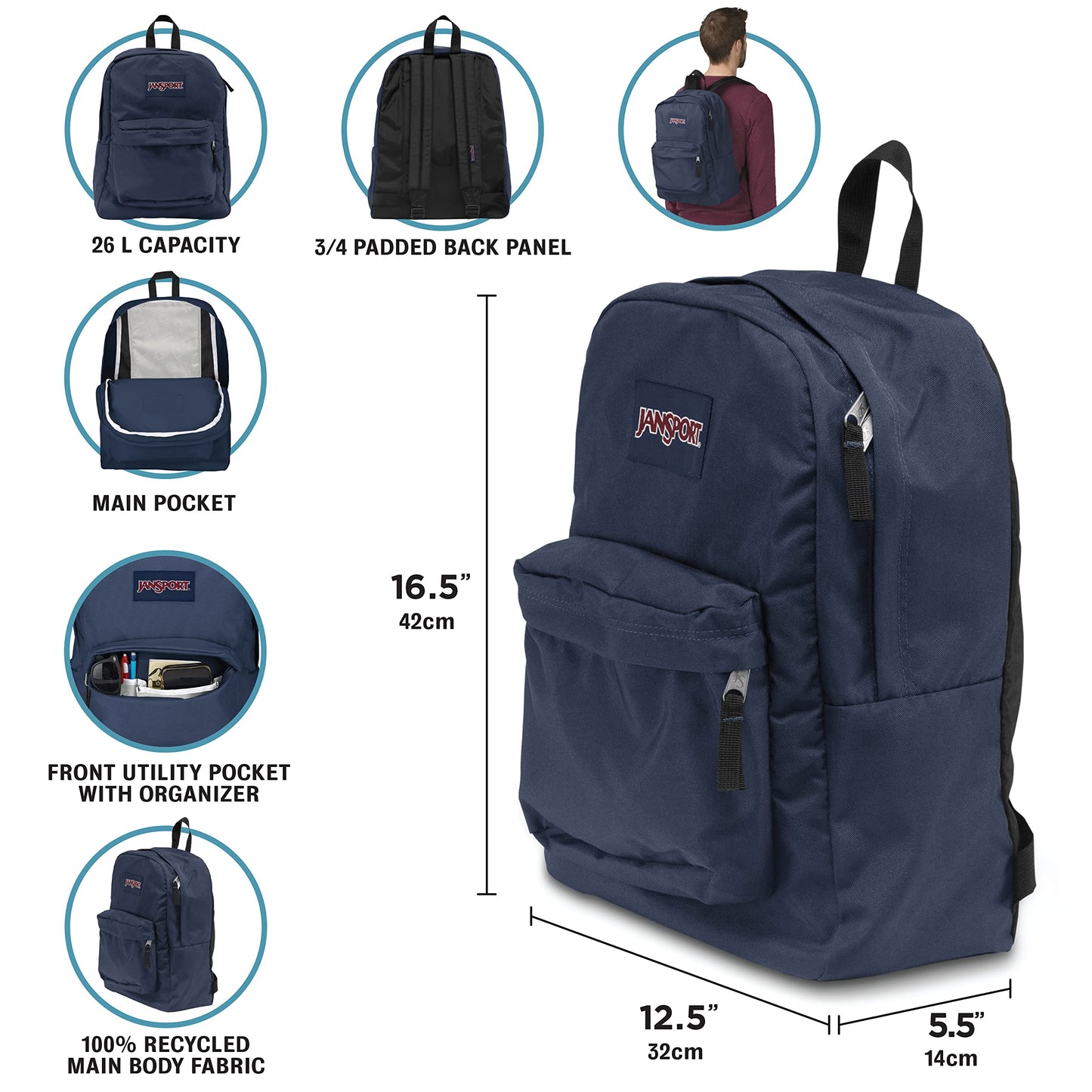 JanSport SuperBreak One Backpacks - Durable, Lightweight Bag with 1 Main Compartment, Front Utility Pocket with Built-in Organizer - Premium Backpack - Blue Dusk