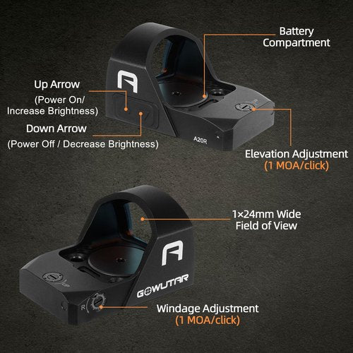 GOWUTAR A20 Shake Awake Red Dot Sight for RMR Pistol Cut 2 MOA 1x24mm Reflex Sight 7075 Aluminum Pistol Optic with Picatinny Rail Mount