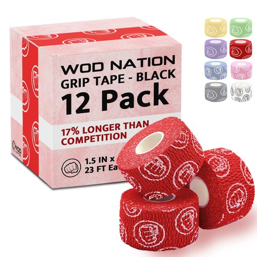 WOD Nation Athletic Weightlifting Hook Grip Tape - 3-Pack (3 Rolls, 23 ft Each) - Red - Stretchy Thumb Tape & Wrist Support - Sweat & Chalk Resistant - for Powerlifting & Gym