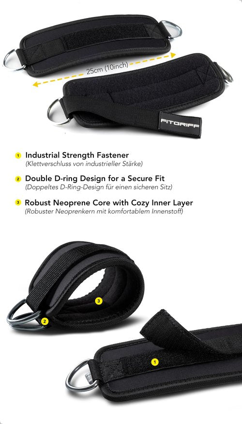 Fitgriff® Ankle Straps V1 for Cable Machine (2 Pieces) - Gym Workout Equipment - Leg Pulley Attachment, Kickback Straps (Black)