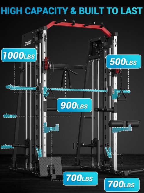 MIUUKA Smith Machine with Cable Crossover for Home Gym,2200lbs Multi-function Squat Rack Power Cage,All-in-One Fitness Equipment with LAT Pull-Down & Dual Pulley System & Leg Hold-Down Attachment, Red