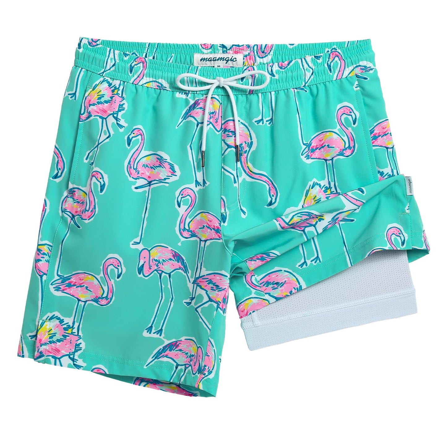 maamgic Mens Swim Trunks with Compression Liner 7 Inch Inseam Mens Bathing Suit Quick Dry Swimming Trunks Swimsuit Flamingo Green and White XX-Large