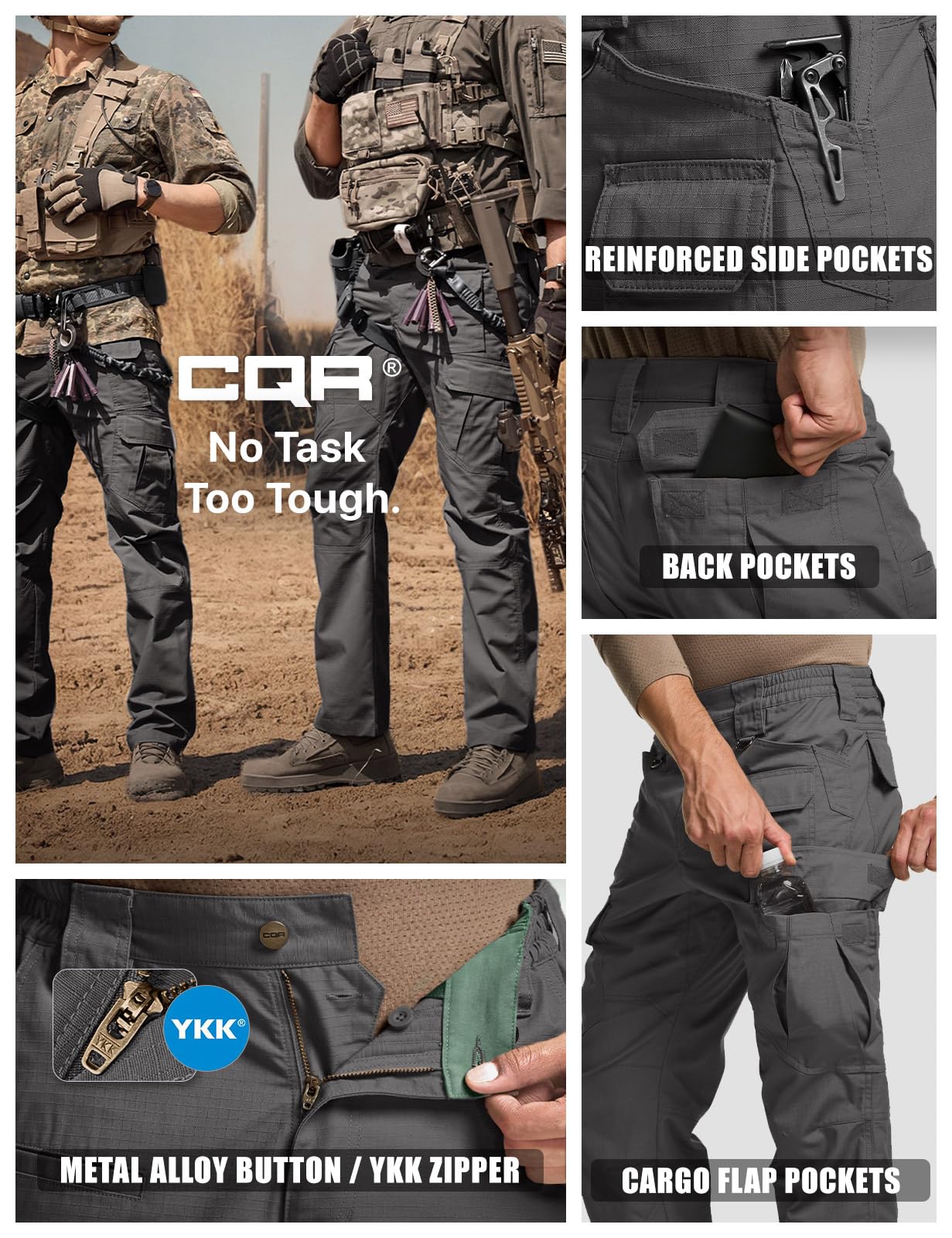 CQR Men's Tactical Pants, Water Resistant Ripstop Cargo Pants, Lightweight EDC Work Hiking Pants, Outdoor Apparel, Duratex Mag Pocket Charcoal, 36W x 30L