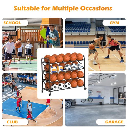 Chooga Basketball Rack Ball Storage Holder, 4-Tier 40-Ball Rolling Basketball Shooting Training Stand, Heavy Duty Garage Sports Equipment Organizer with Wheels for Gym, School, Club