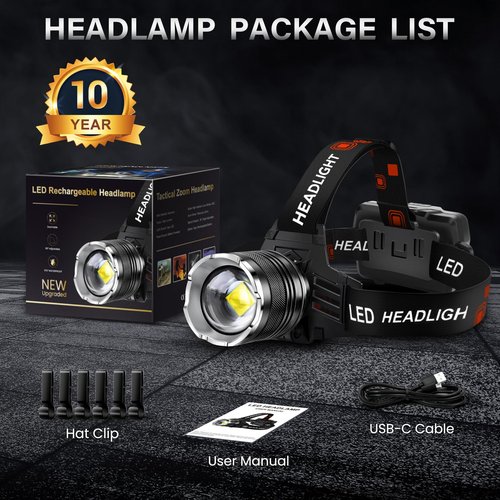 AKNEAR LED Rechargeable Headlamp 4500 High Lumens, 95 Hours Endurance Head Lamp with Zoomable & 12 Modes & IPX7 Waterproof & 125° Adjustable, Super Bright Head Light for Outdoor, Camping, Hard Hat