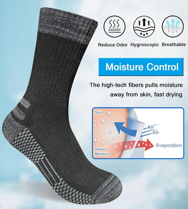 Mens Crew Work Socks 4 Pairs - Cozy Cushioned Moisture-Wicking, Black