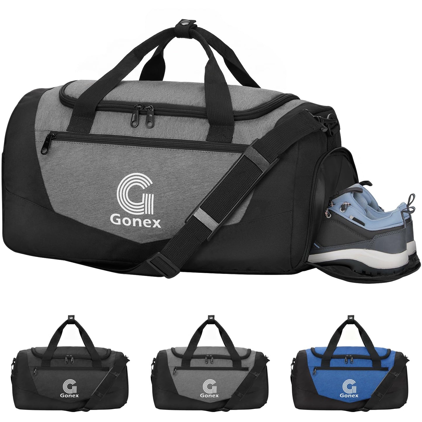 Gonex Gym Duffel Bag 18 inch with Shoe Compartment Wet Pocket, Large Capacity Sports Duffle Bag for Men Women, Workout & Travel Bag with Multiple Pockets, Black/Gray, Small (30L)