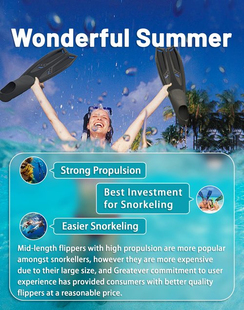 Greatever Snorkel Fins with Full Foot Pocket Durable Long Diving Fins Professional Snorkel Gear for Snorkeling Diving Freediving Adults Men Women