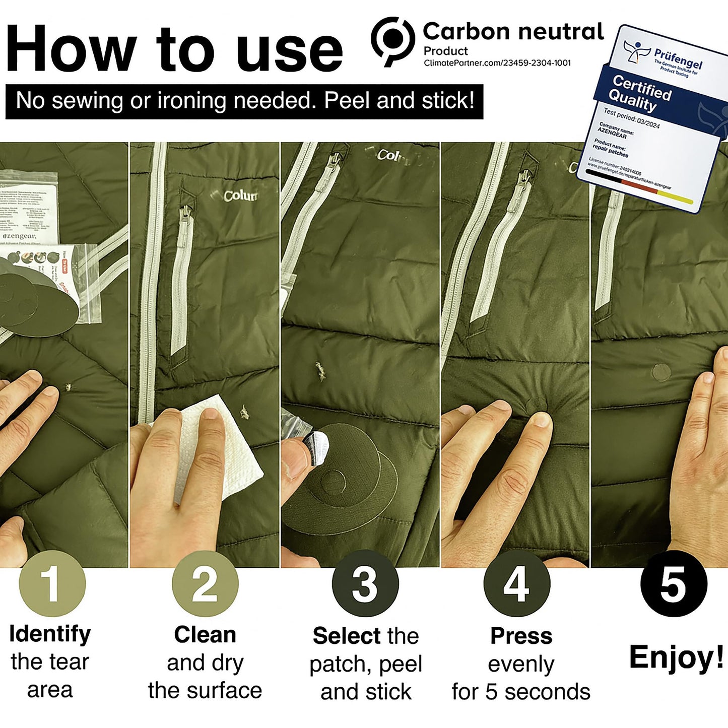 Self-adhesive Repair Patches for Jackets, Tents, Sleeping Bags, Olive Green