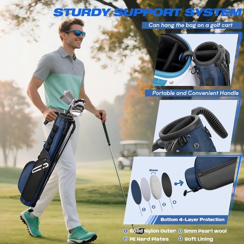 GOBUROS Golf Stand Bag Fit Up to 7 Clubs, Compact Design for Par 3 Courses and Driving Range, Lightweight Pitch and Putt Golf Bag, with Padded Double Strap, Rain Cover, Accessory Pockets, Blue