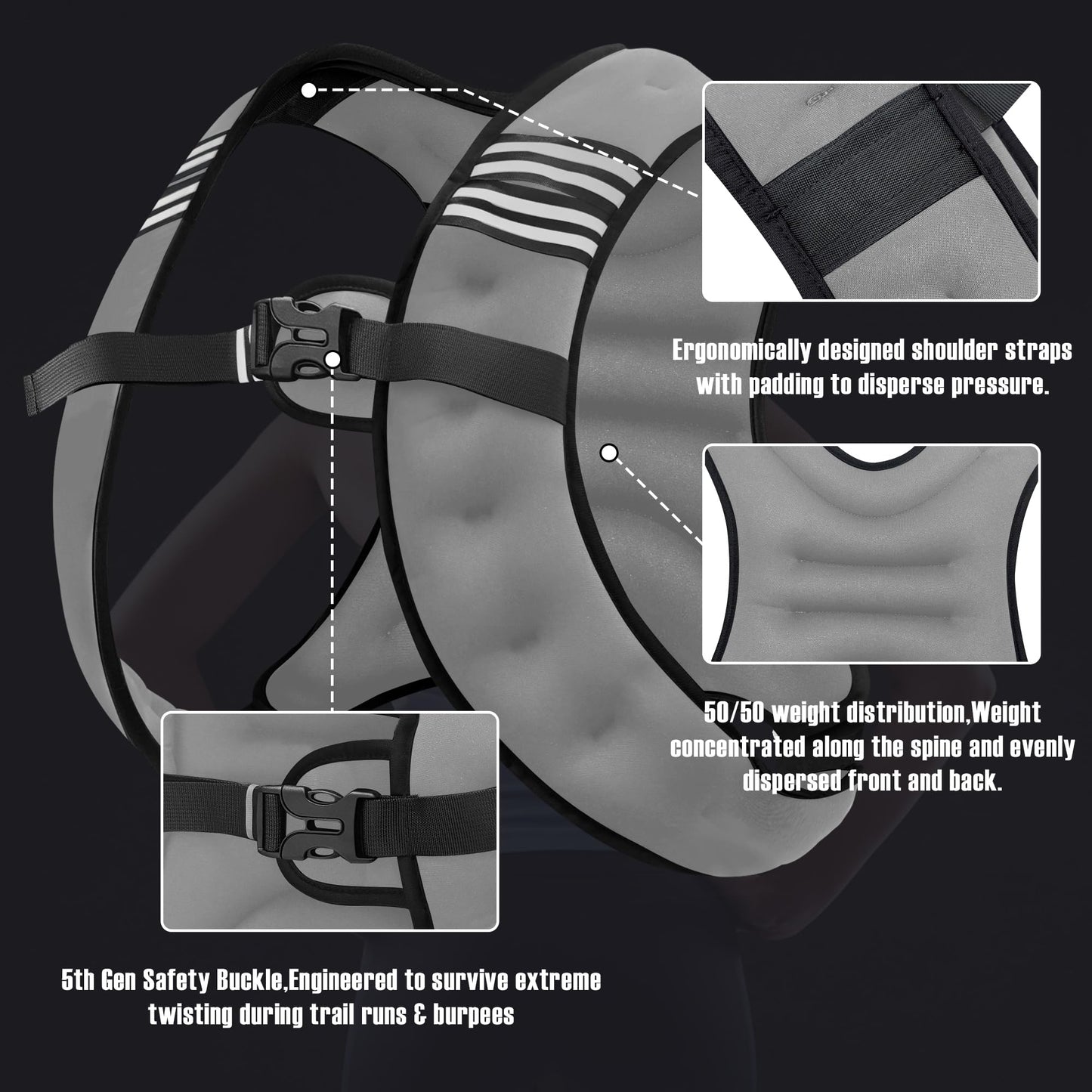 NATURELUX Weighted Vest with Reflective Stripe and Adjustable Buckle Straps, Grey, 10 lbs