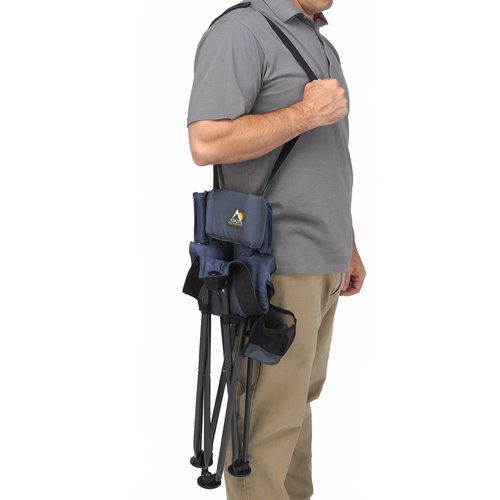 GCI OUTDOOR Quik-E-Seat | Portable, Folding Tripod Chair with Drink Holder and Padded Lumbar Support, Perfect for Sitting Anywhere — Midnight