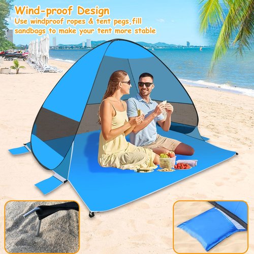 Beach Tent Sun Shelter, Outdoor Tent for 1-4 Persons, Beach Tent Easy Pop Up, with Carrying Bag and 6 Ground Pegs for Family Outdoor Adventures, Camping, Picnics (Blue)