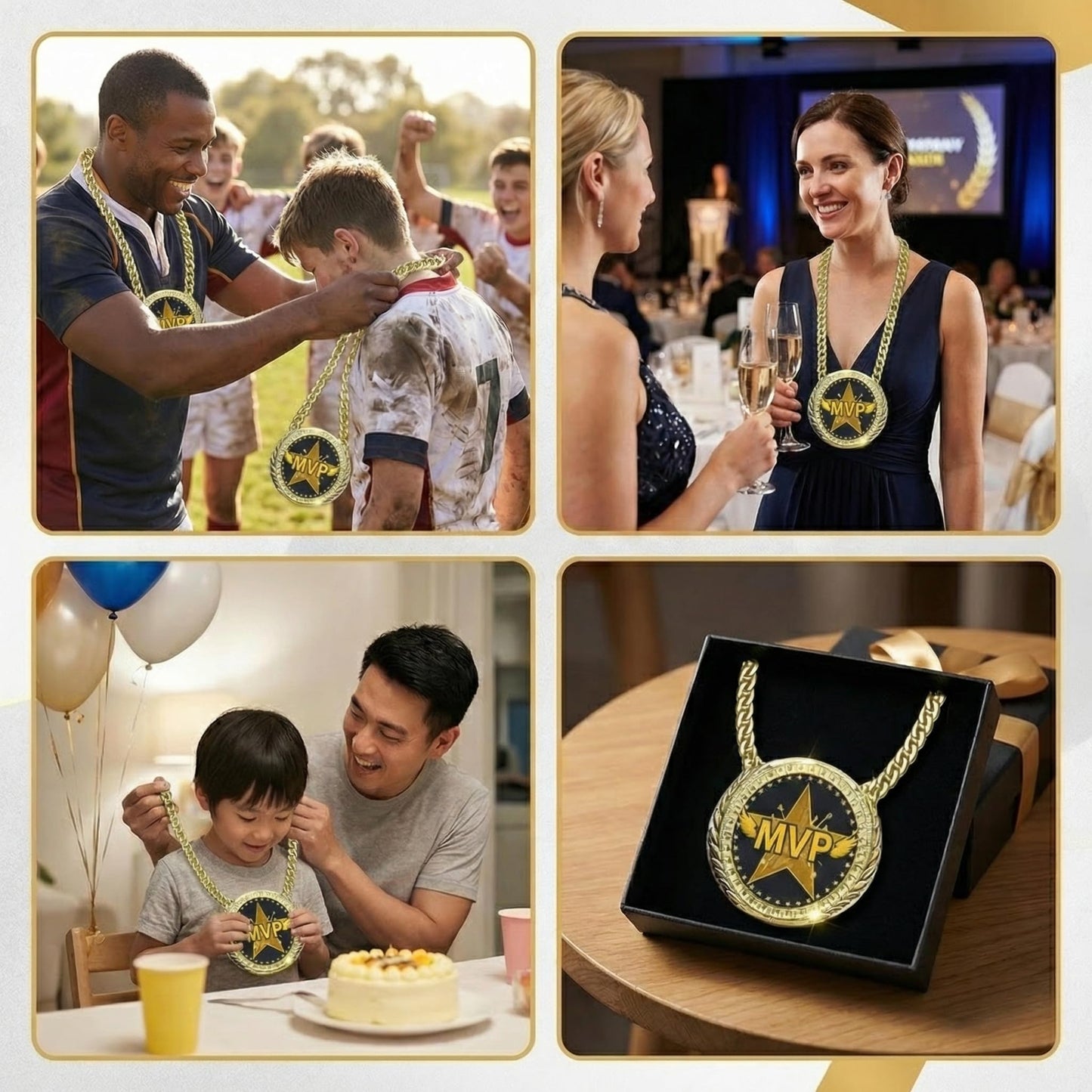 Opxuliix MVP Award Medals Turnover Chain - 6 Inch Big Gold Sports Achievement Champion Necklace for Most Valuable Player, Championship Medal for Football Soccer Basketball, Prize Gift Party Favors