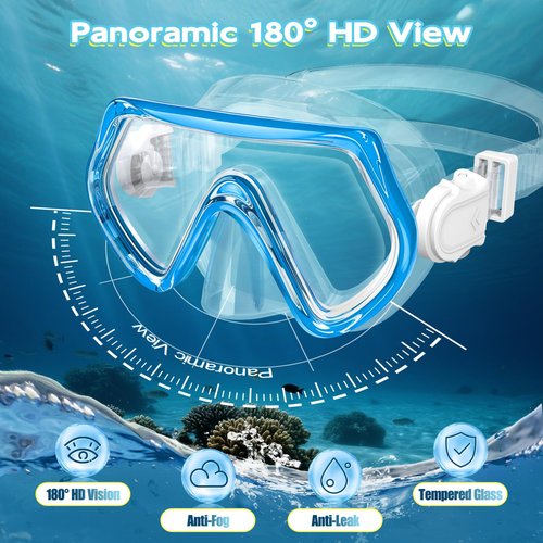 Kids Snorkel Set, Unisex Kids Swimming Goggles, Anti-Fog Diving Mask and Dry Top Snorkel Combo Set for Kids 3-14 (Blue+Pink)