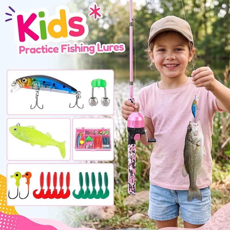 ODDSPRO Kids Telescopic Fishing Pole & Spincast Reel Kit - Pink, 4.92 ft Variation