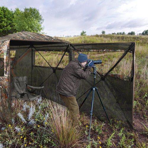 FUNHORUN Hunting Blind 360 Degree See Through Double Door Ground Blind for Hunting, 2/3 Person Pop Up Portable 58" Camouflage Deer/Turkey Tent with Blaze Orange Safety Panels