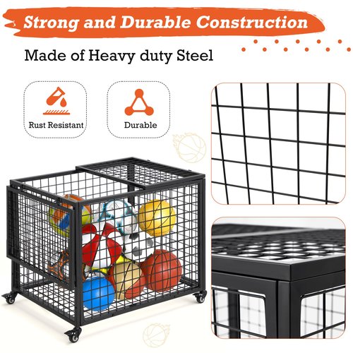 AECOJOY Ball Cart Storage, Large Rolling Basketball Bin with Wheels for Garage, School, Gym, Sports Equipment and Toy Organizer, Indoor & Outdoor
