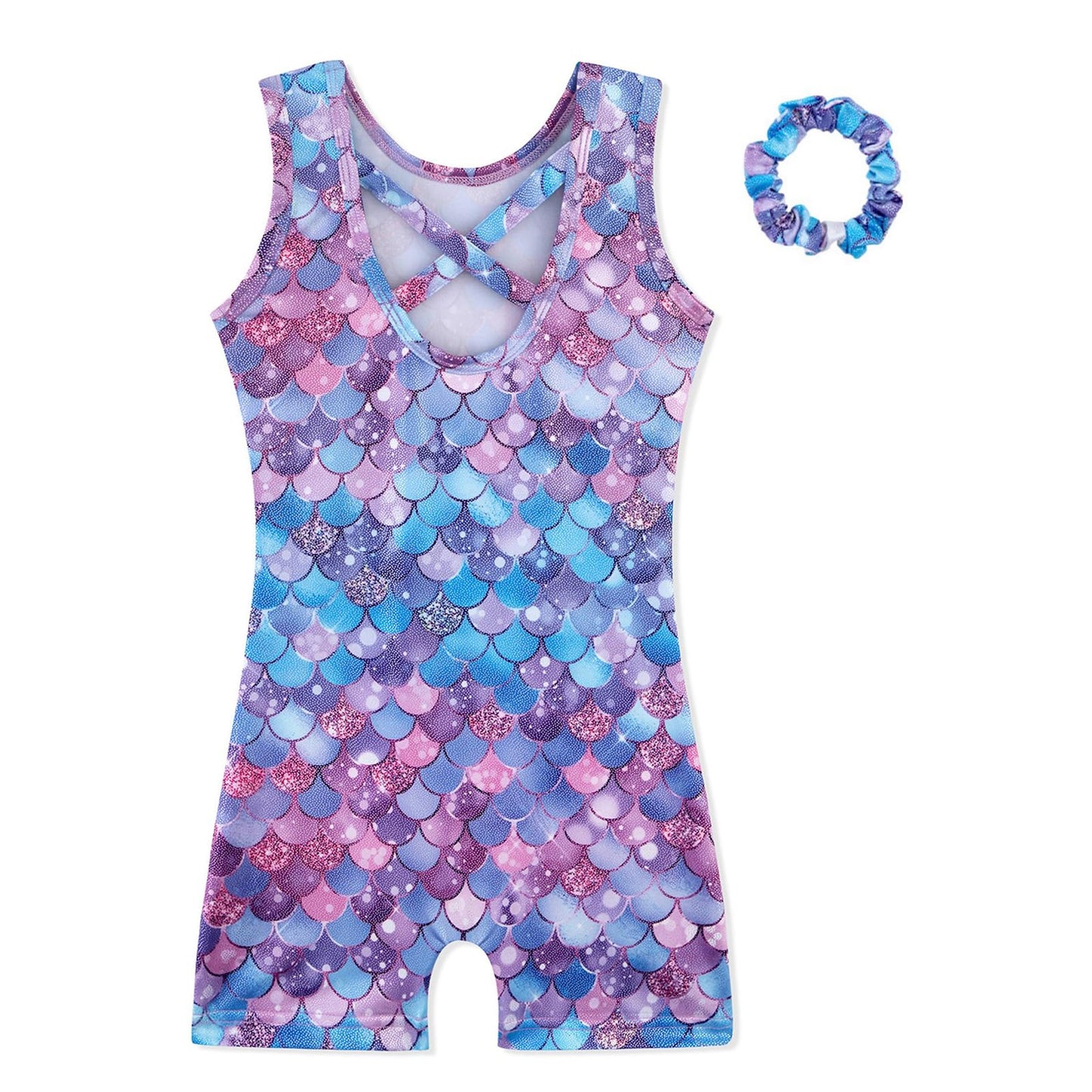 HOZIY Leotards for Girls 7/8 Years Old Kids Criss Cross Back Gymnastics Sparkly Biketards Tumbling Unitards Outfits Activewear Blue Purple Mermaid with Scrunchie
