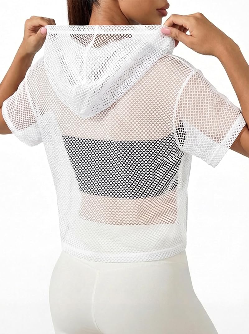 Hilinker Women’s Mesh Hooded Crop Top - See-Through White, Small