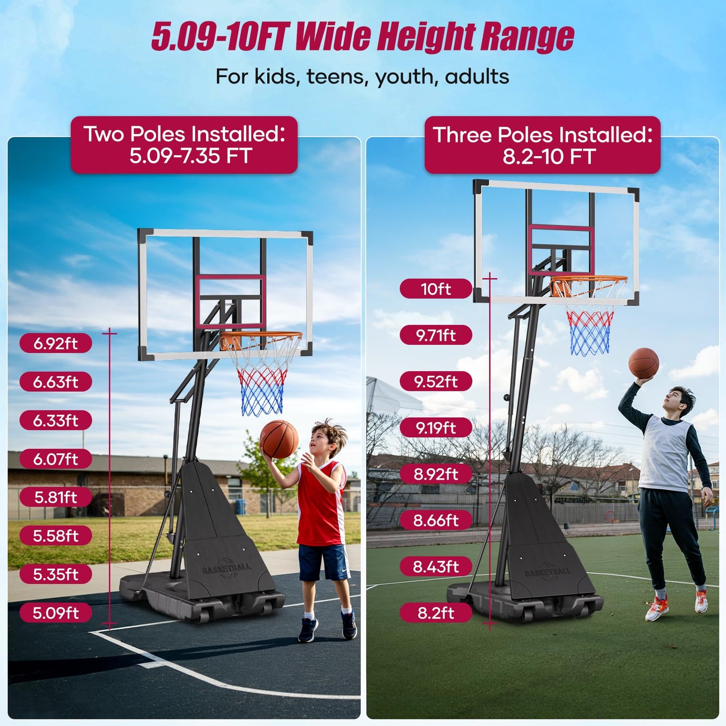 Asbest Basketball Hoop Outdoor with 44" Shatterproof Backboard, 5.09-10FT Adjustable Basketball Goal System, Portable Hoop with Wheels & Easy Adjustment for Driveway, Backyard, Court (Purple)